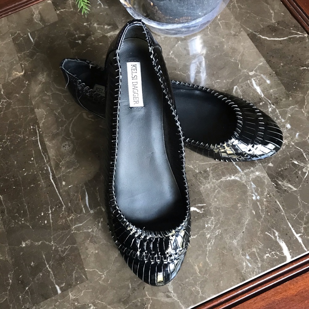 Kelsi Dagger Patent Black Woven Low Wedge 👞